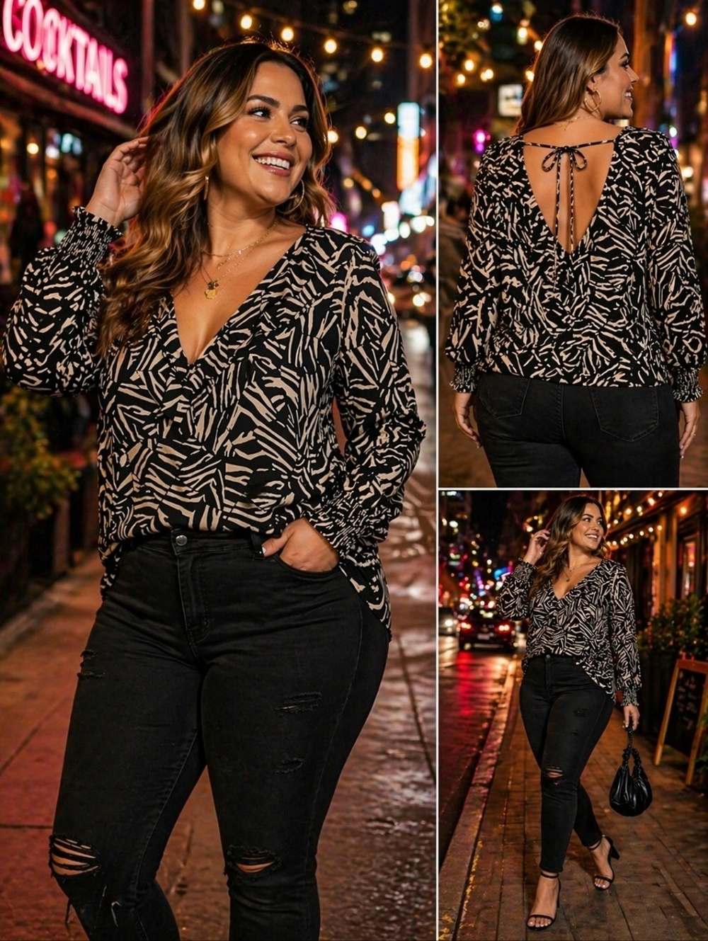 Reitmans Signature Zebra Print Blouse Size 2X Tie Back V-Neck Top